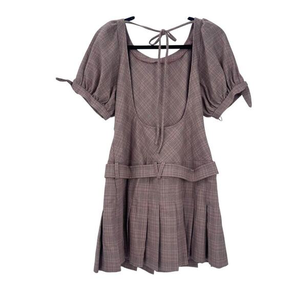 Free People Sevi Plaid Mini Dress Puff Sleeve Grey and Pink Combo Size L NWOT - Picture 9 of 12